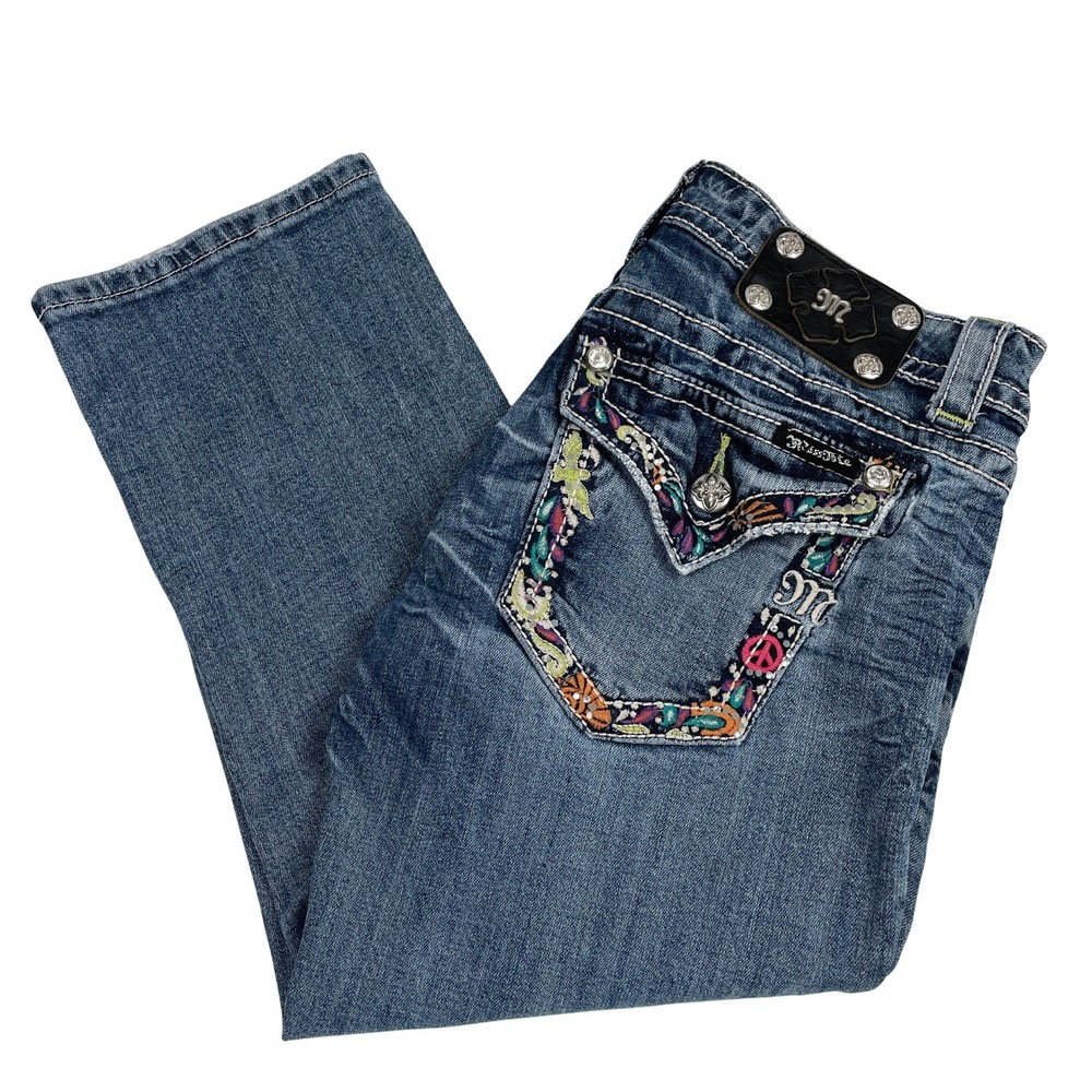 Miss Me JP5701P4 Embroidered Cuffed Capri Jeans Womens 28 (31) Y2K Rhinestone